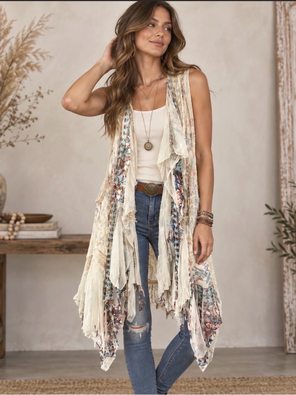 Origami Boho Asymmetrical High-Low Lace & Ruffle Duster Vest